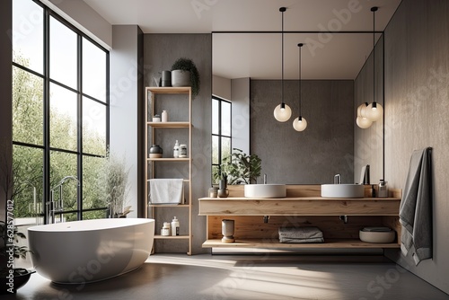Interior of a contemporary bathroom with huge windows and gray walls. a sink with a mirror over it and a wooden shelf underneath. A toned, mock up, horizontal poster is displayed on a wall. Generative