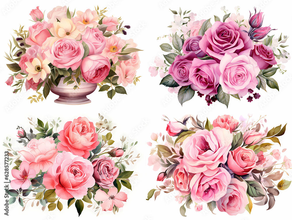 Roses bouquets clipart set on a white background. Clipart for crafts, invitations, cards and art projects Roses bouquets clipart set on a white background. Clipart for crafts, invitations, cards and art projects