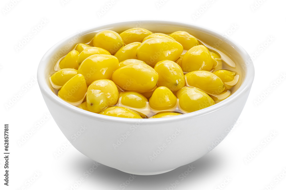 Side view of ginkgo seeds in syrup in white ceramic bowl isolated on white background with clipping path. Side view of ginkgo seeds in syrup in white ceramic bowl isolated on white background with clipping path.