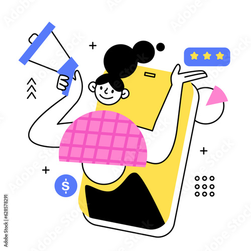 Online marketing. The girl from the phone speaks into a megaphone. Feedback. Vector illustration in geometric style.