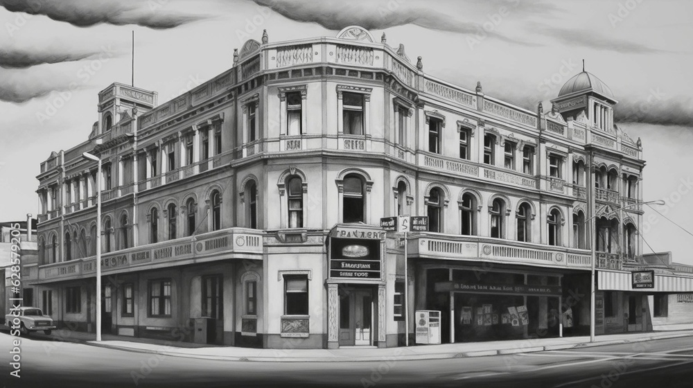 AI generated illustration of an old vintage building in grayscale