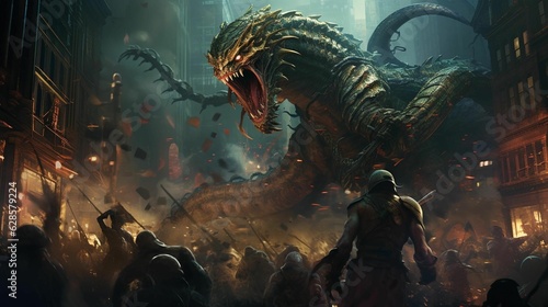 AI generated illustration of monster with tentacles attacking a city with soldiers fighting it