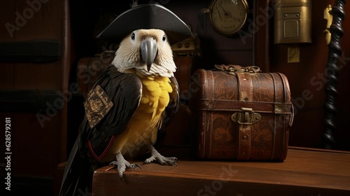 Photographie AI generated illustration of a vibrant yellow parrot wearing a pirate hat near a
