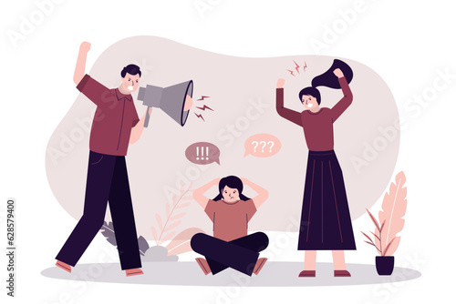 Angry mother and father yells at daughter. Domestic violence, inequality, family problems and bullying. Bad family relations.