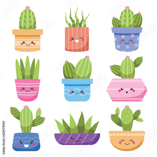 Set of kawaii cactus vector