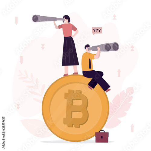 Investors sit and stand on giant bitcoin and analyze cryptocurrency. Business people use binoculars and spyglass to see development of blockchain technology and evaluate bitcoin quotes.