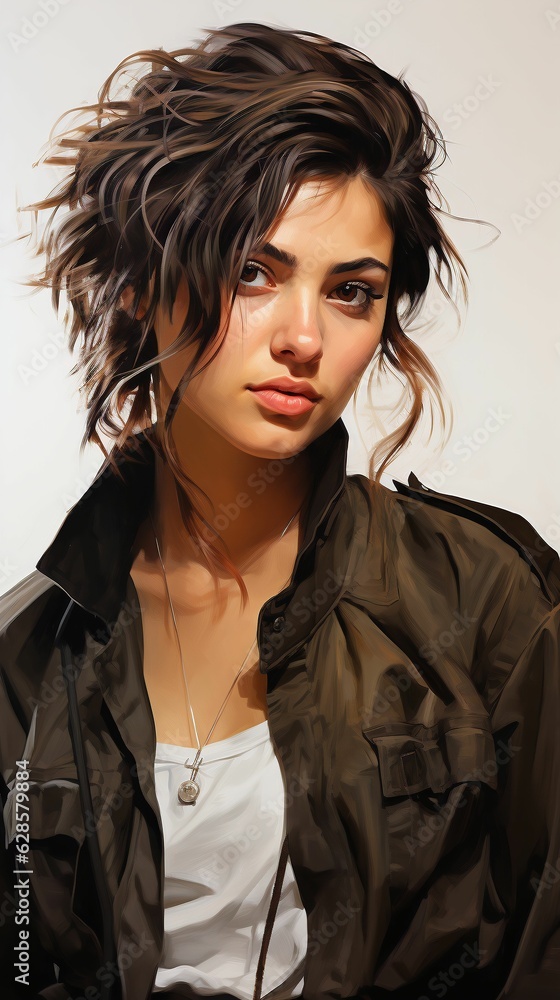AI-generated digital art, painting of a beautiful androgynous grunge woman wearing a brown jacket AI-generated digital art, painting of a beautiful androgynous grunge woman wearing a brown jacket