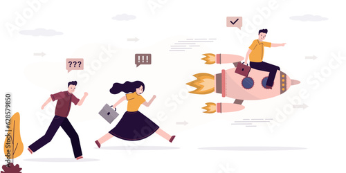 Business competition, characters run race. Smart businessman flies on rocket and overtakes his colleagues. Innovation helps to be first and achieve success.