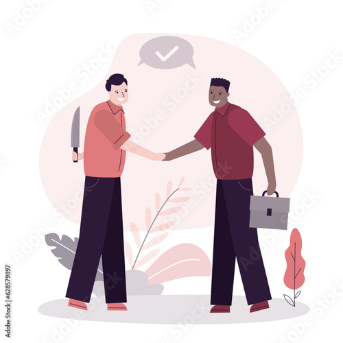 Business betrayal concept. colleague deceiver holds knife behind his back. Two businessmen shaking hands. Business betrayal and lie concept.