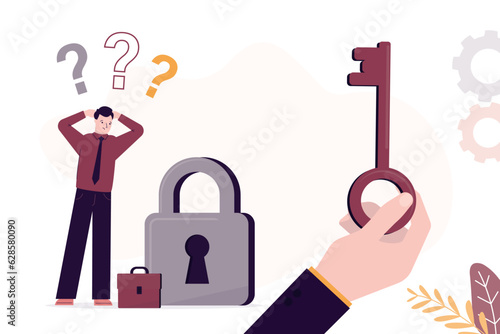 Unhappy businessman stands near giant padlock. Giant hand give key. Overcoming obstacles, unlock new skills. Mentor gives new idea, mentorship, business training, support