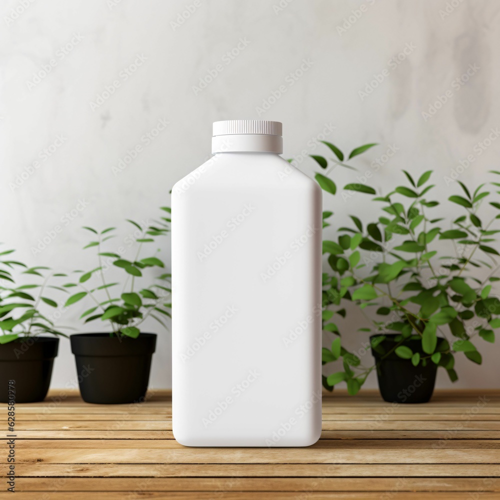 AI generated illustration of a white plastic bottle with potted plants in the background AI generated illustration of a white plastic bottle with potted plants in the background
