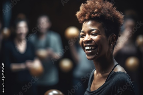 Empowered Harmony: Women Exercising in a Smiling Fitness Class, Capturing the Enchanting Essence with Black Arts Movement Inspiration and Selective Focus