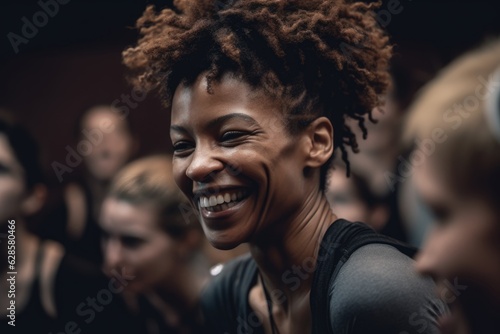 Empowered Harmony: Women Exercising in a Smiling Fitness Class, Capturing the Enchanting Essence with Black Arts Movement Inspiration and Selective Focus © Philipp