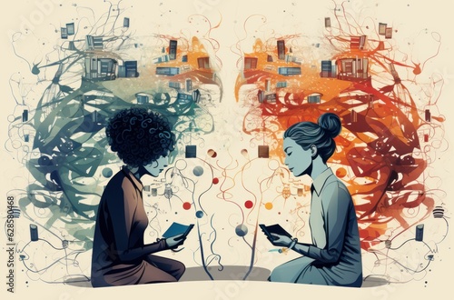 AI generated illustration of two women sitting side by side reading books on an abstract background