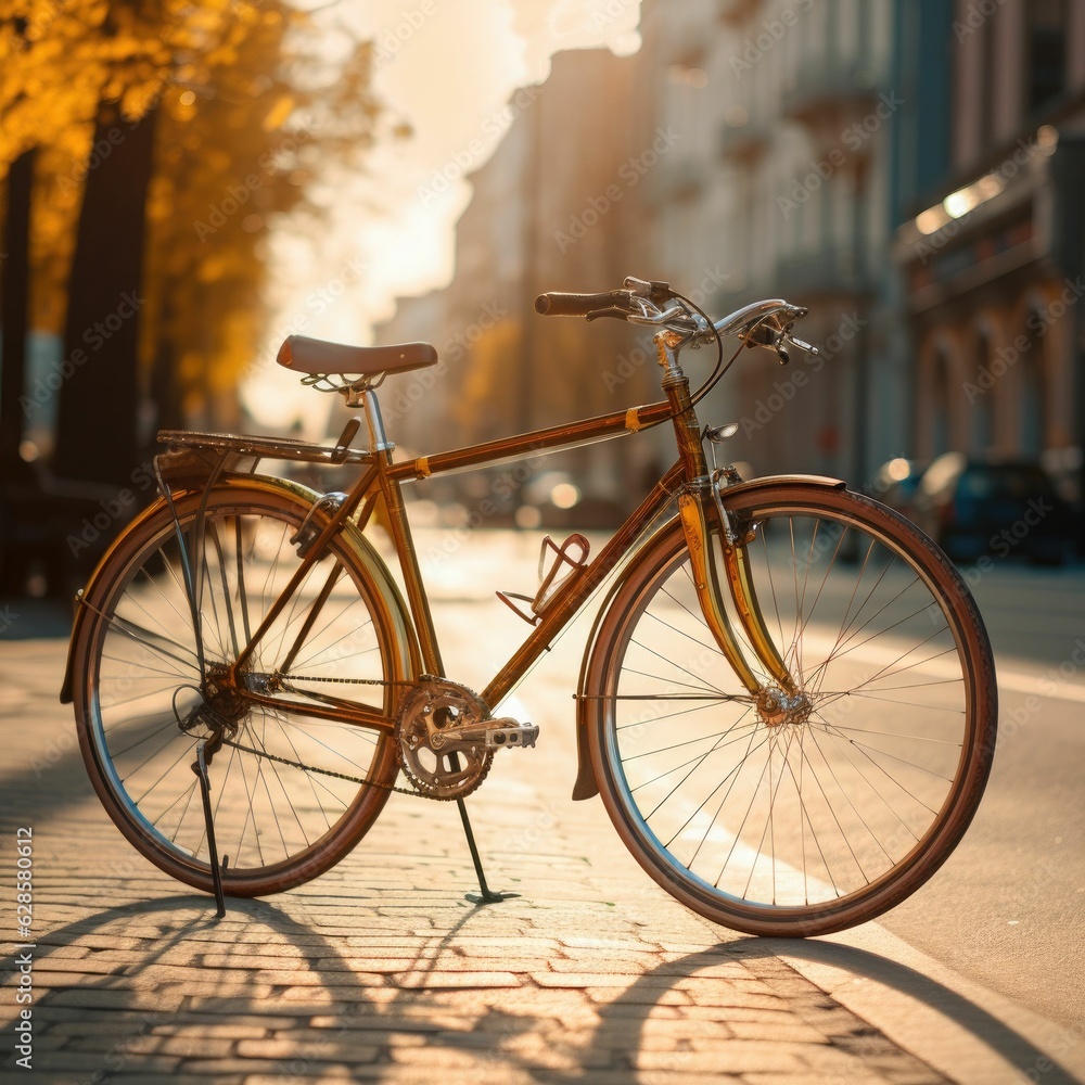 Bicycle parked in a sun-drenched urban environment. AI-generated.