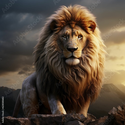 a very big pretty big beautiful lion by some rocks under a cloudy sky