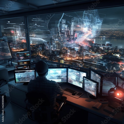 A young adult using multiple computer monitors from an office overlooking a city skyline