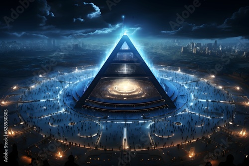 Giant pyramid in the center of a gloomy city surrounded by blue glowing. AI-generated.
