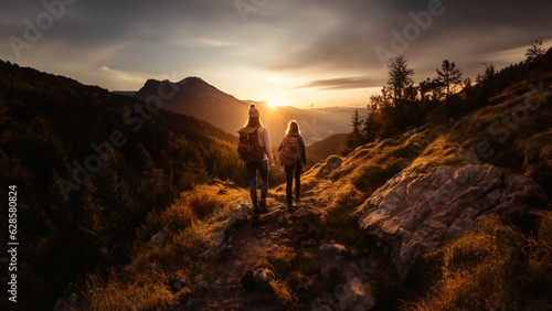 AI generated illustration of two people on the rocky trail of a mountain at sunset