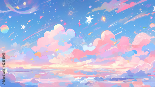 Hand drawn beautiful cartoon night starry sky landscape illustration
