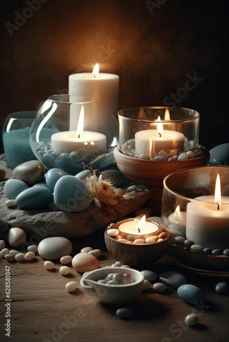 Array of candles surrounded by decorative pebbles. AI-generated.