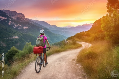 Sunset Trail Rider: A Woman Cycling through Mountain Panoramas with Lively Action