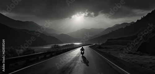 motorbike on the road riding. having fun driving the empty road on a motorcycle tour journey. copyspace for your individual text. Created with Generative AI technology.
