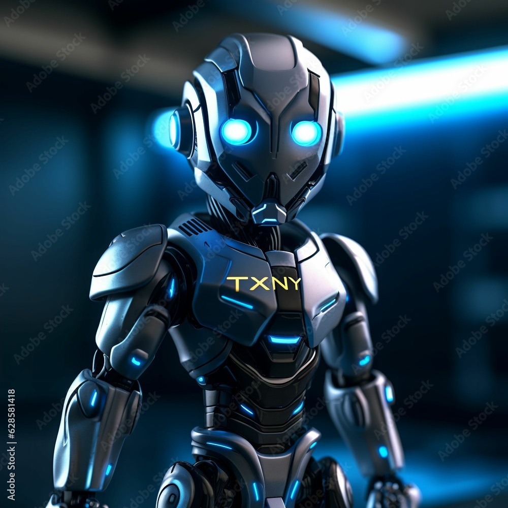 AI-generated illustration of a silver and blue robot standing in a futuristic setting AI-generated illustration of a silver and blue robot standing in a futuristic setting