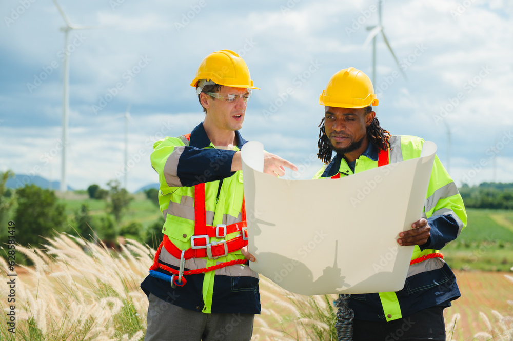 Two engineers plan on-site inspection and maintenance of wind turbines Two engineers plan on-site inspection and maintenance of wind turbines