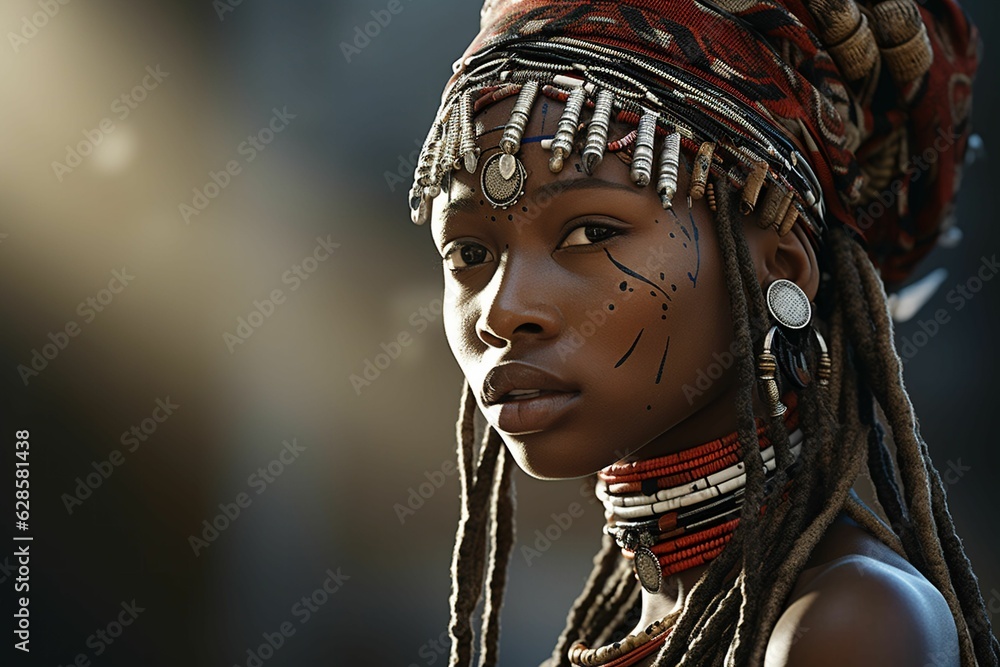 Portrait of a beautiful African woman in traditional attire. AI-generated.