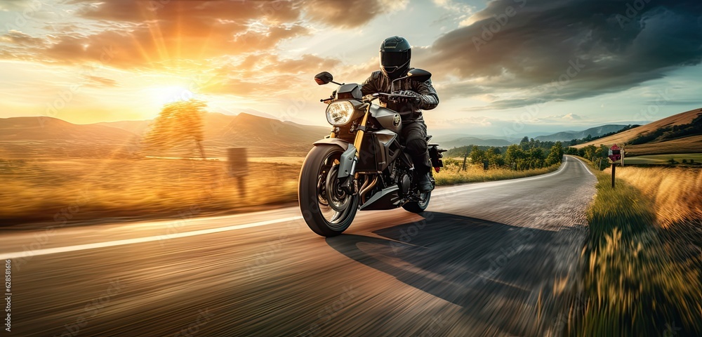 motorbike on the road riding. having fun driving the empty road on a motorcycle tour journey. copyspace for your individual text. Created with Generative AI technology. motorbike on the road riding. having fun driving the empty road on a motorcycle tour journey. copyspace for your individual text. Created with Generative AI technology.