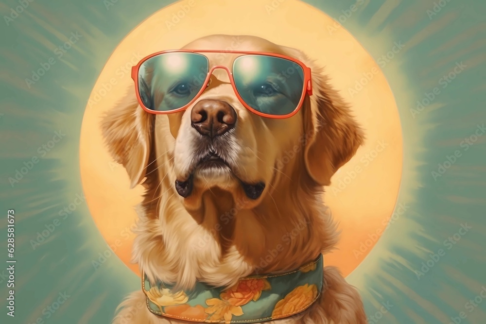 AI generated illustration of a golden retriever with sunglasses on a sunny day