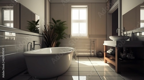 AI generated illustration of A modern bathroom featuring white tiled walls