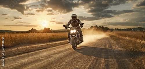 motorbike on the road riding. having fun driving the empty road on a motorcycle tour journey. copyspace for your individual text. Created with Generative AI technology.