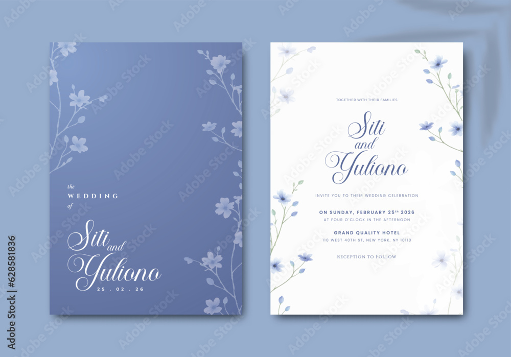 elegant wedding invitation template with blue background and blue flower watercolor premium vector
