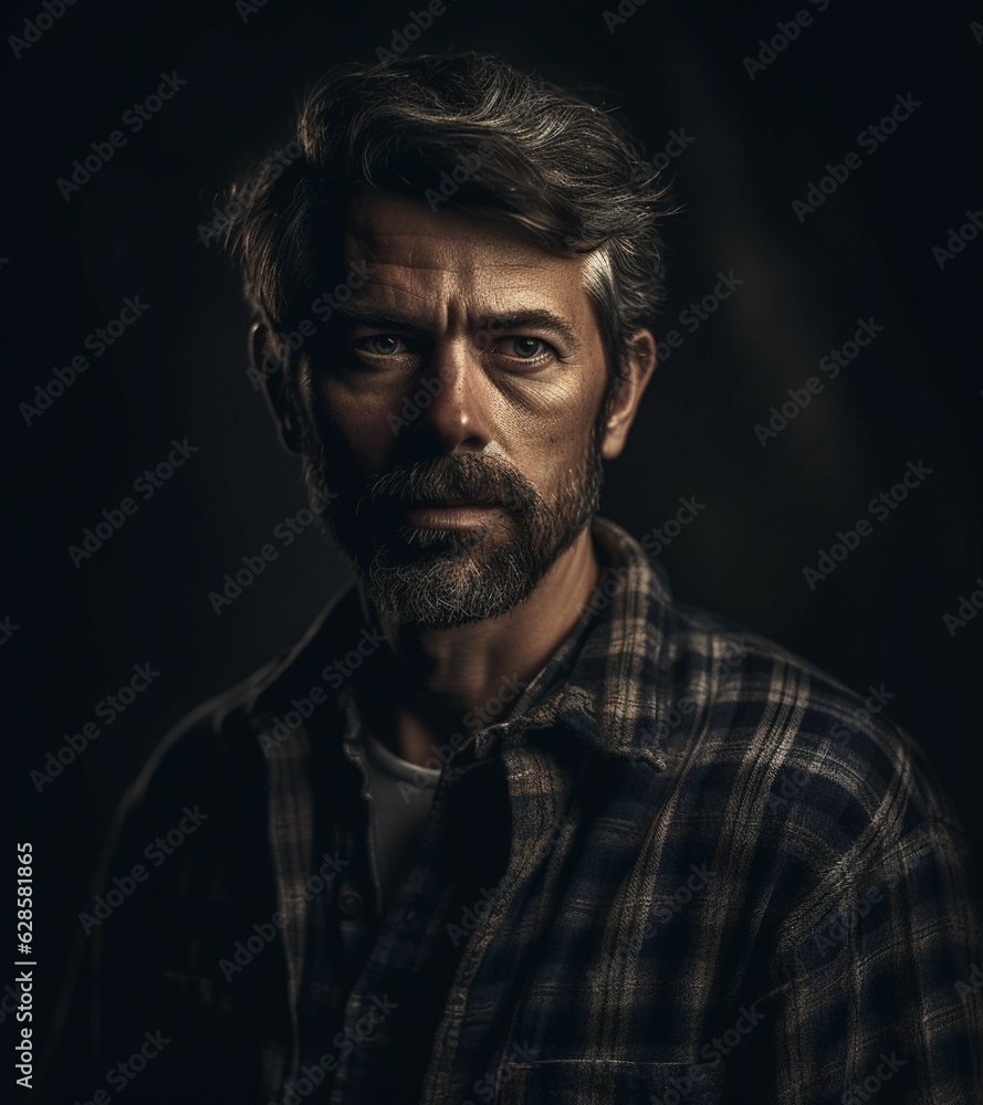 Fototapeta premium AI generated illustration of a mature man with a full beard and a plaid shirt on a black background