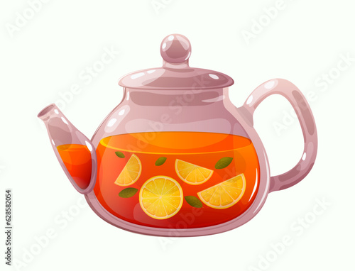 Tea with lemon in a glass teapot. Vector illustration in cartoon style