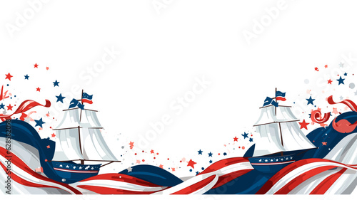 AI generated. Columbus Day, poster, background. Flat lay composition with United states decorations and ribbon on white background. symbol
