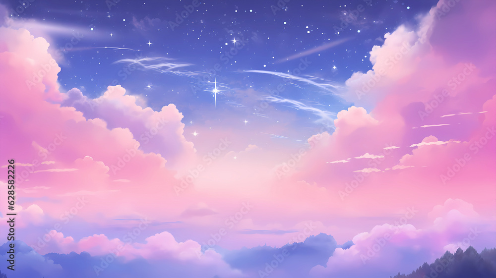 Hand drawn beautiful cartoon night starry sky landscape illustration