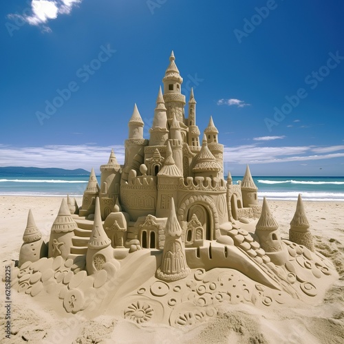 AI generated illustration of A majestic sandcastle with four spires situated on a sandy beach