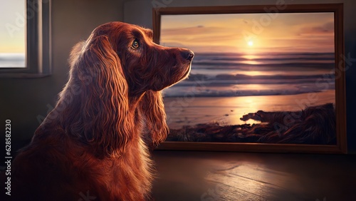 AI generated illustration of An adorable golden retriever sits beside a picture frame