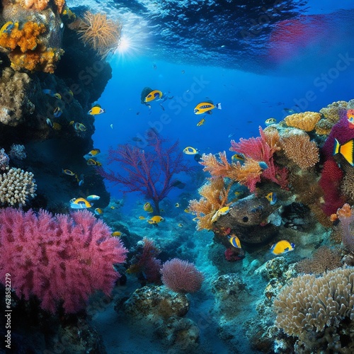 AI generated image of underwater area with swimming fish and coral reefs