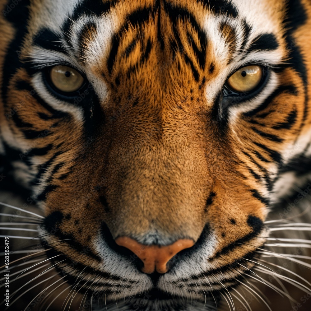 AI generated illustration of a tiger's face in a dark background looking at the camera