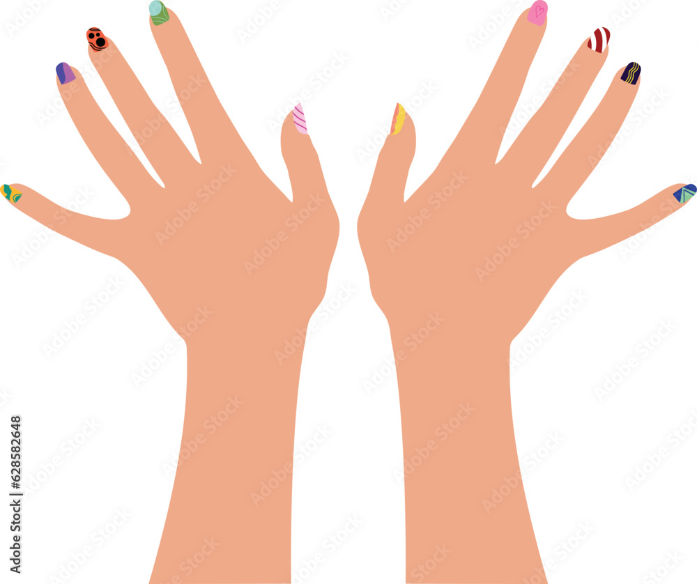 Hand drawn female hands with fancy painted nails. Hands with nail design manicure isolated on white background. Vector illustration