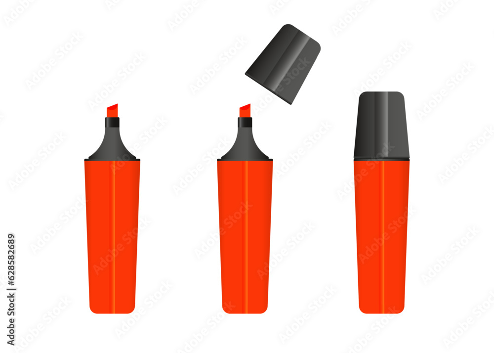 Red highlighter marker, 3 versions of marker in red color.