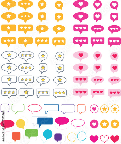 Big collection of colored customer review symbols. Feedback and communication, rating stars, like button hearts and different speech bubbles. Positive and negative comments and chat speech bubbles