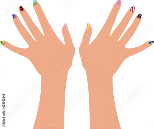 Hand drawn female hands with fancy painted nails. Hands with nail design manicure isolated on white background. Vector illustration