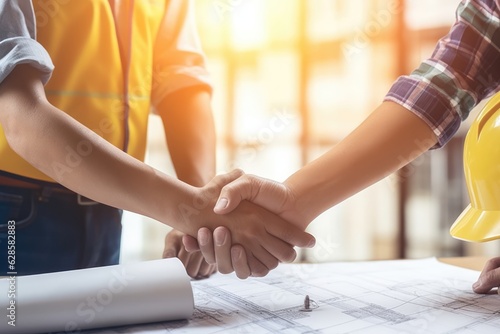 Teamwork in Construction: Shaking Hands & Signing a Document for Progress