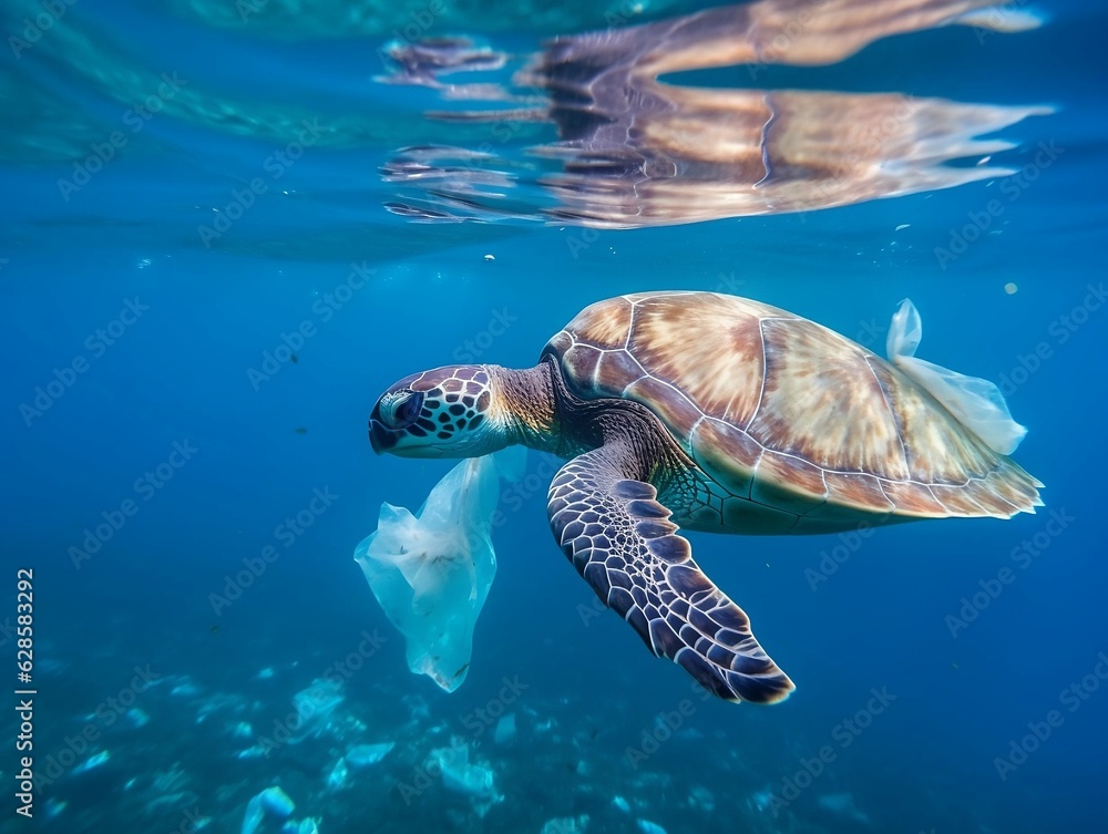AI generated illustration of a turtle wrapped in plastic bags, concept of environmental pollution AI generated illustration of a turtle wrapped in plastic bags, concept of environmental pollution