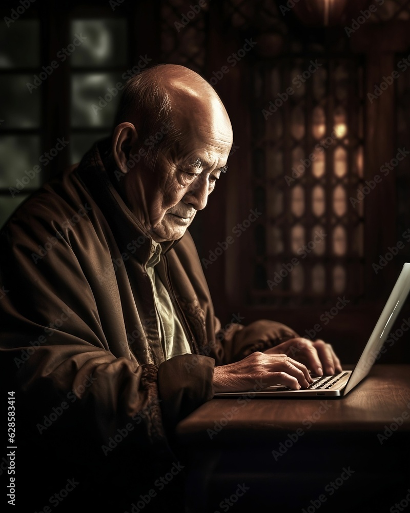 AI generated illustration of a mature male seated at a wooden table, intently focused on the laptop